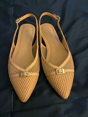 Madden Girl Nude Tan Mesh Pointed Slingback Flats with Silver Buckle